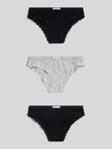 Womens 3 Pack Lace Trim Bikini Brief in Pearl Grey Marl