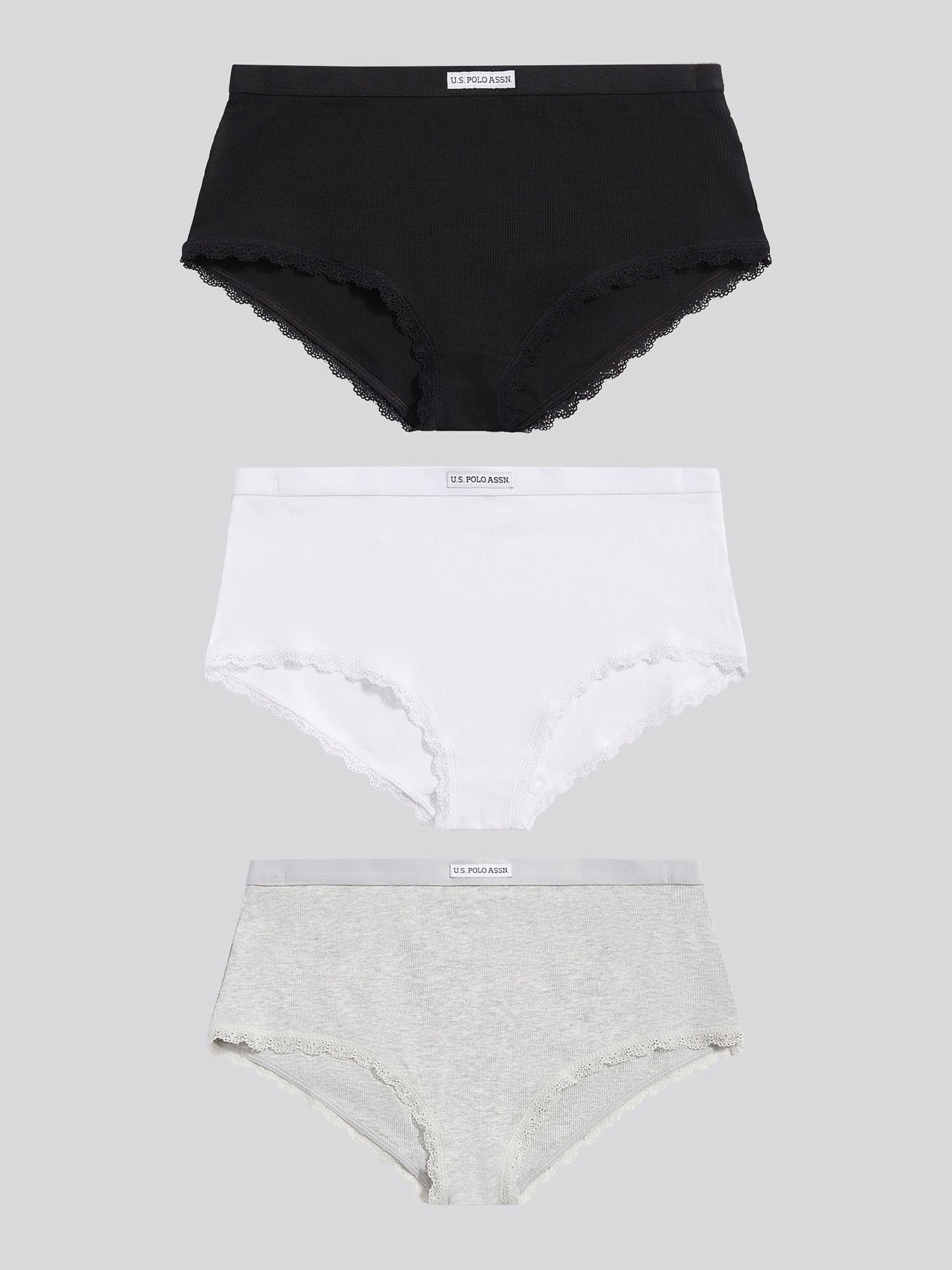 Womens 3 Pack Lace Trim Rib Shortie in Black / White / Grey