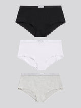 Womens 3 Pack Lace Trim Rib Shortie in Black / White / Grey