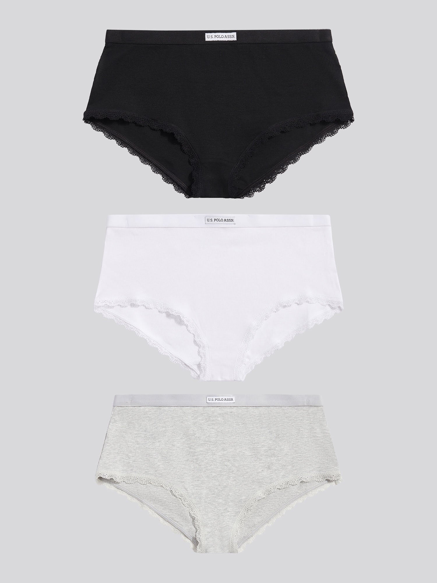 Womens 3 Pack Lace Trim Rib Shortie in Black / White / Grey