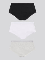 Womens 3 Pack Lace Trim Rib Shortie in Black / White / Grey