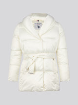 Womens Wrap Collar Belted Puffer Coat in Marshmallow