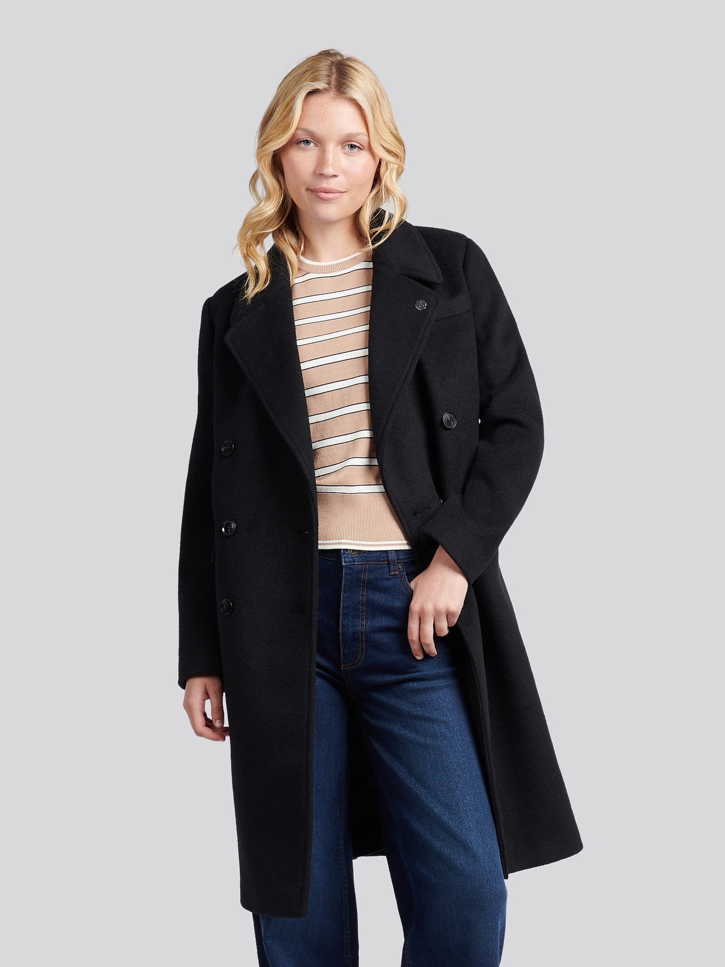 Womens Wool Blend Double Breasted Coat in Black