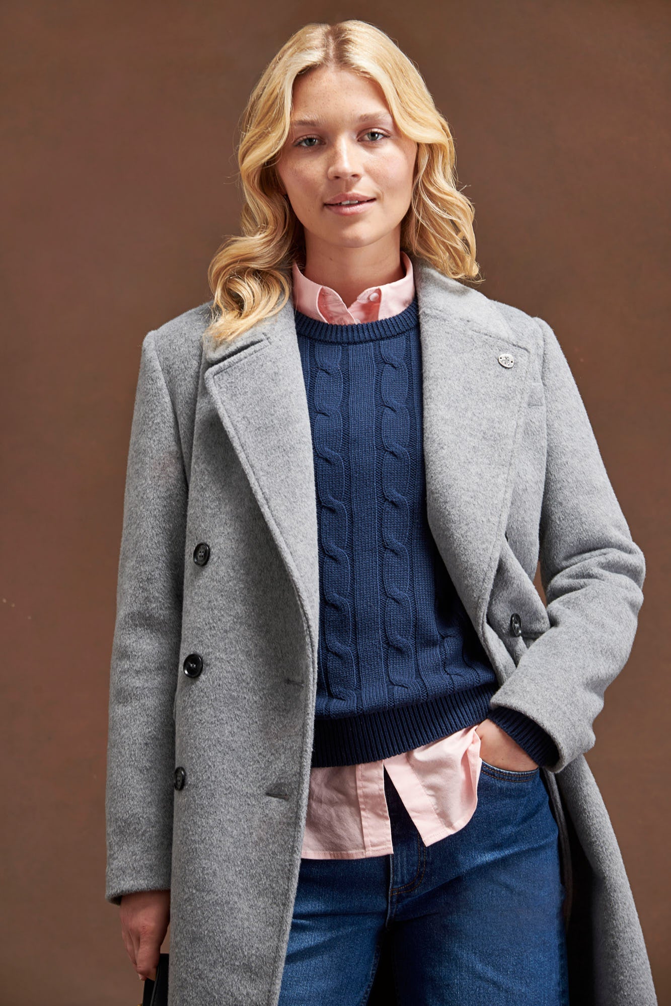 Womens Wool Blend Double Breasted Coat in Silver Filigree