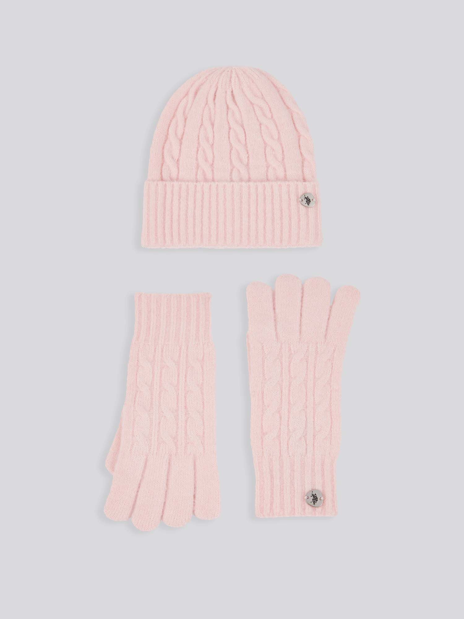 Womens Signature Cable Knit Beanie & Gloves Set in Crystal Rose