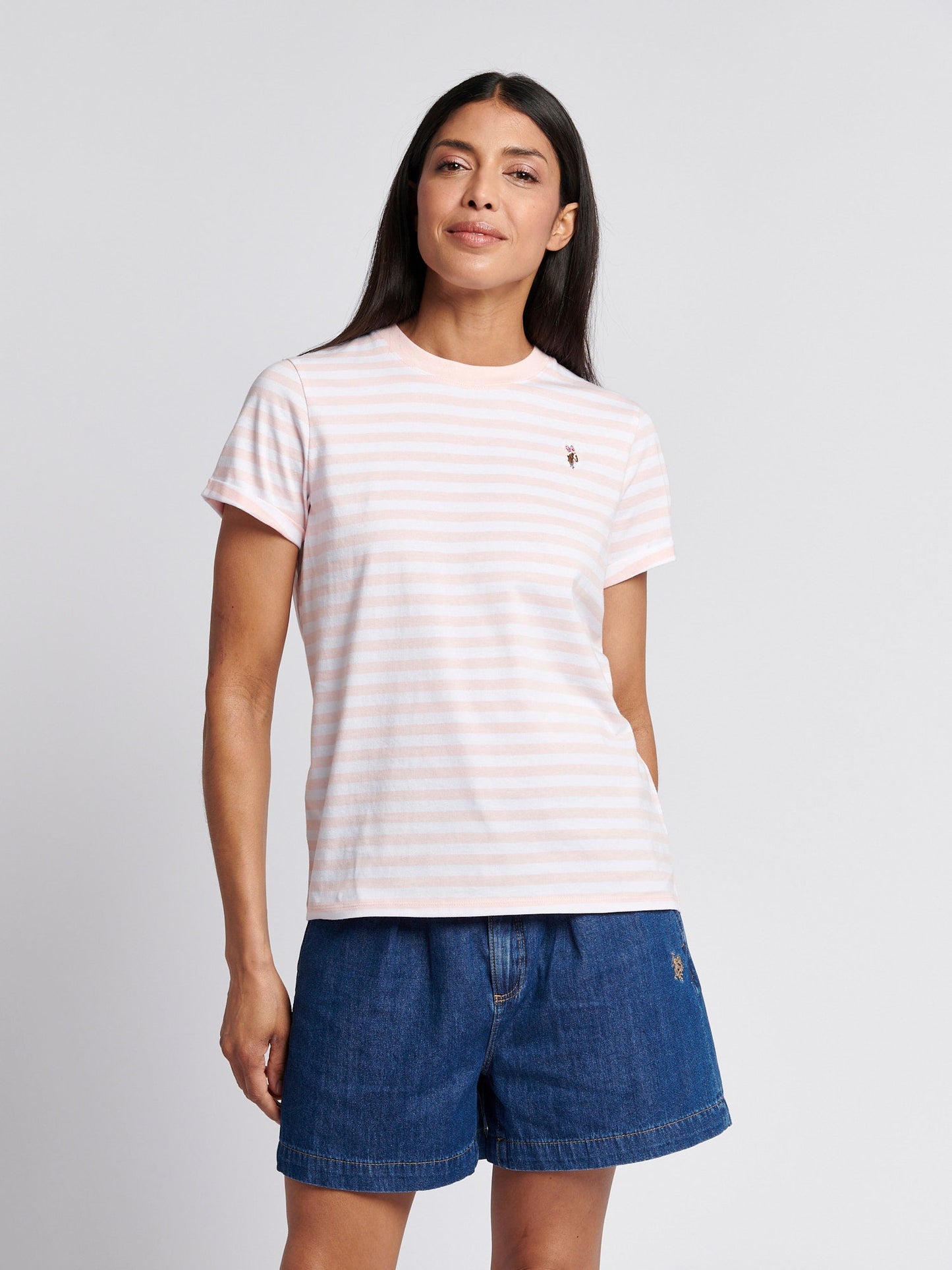 Womens Stripe Crew Neck T-Shirt Crystal Rose