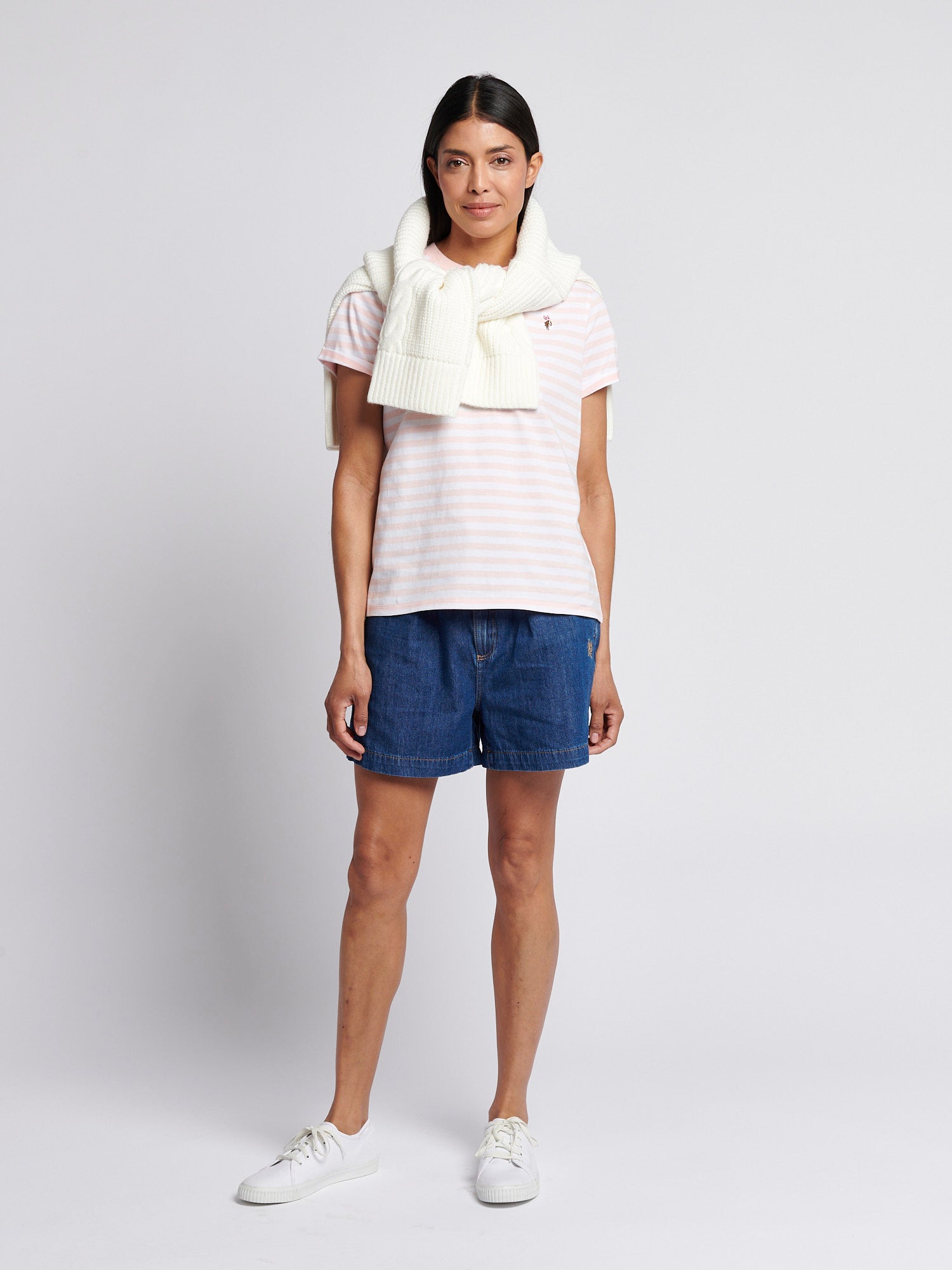 Womens Stripe Crew Neck T-Shirt Crystal Rose