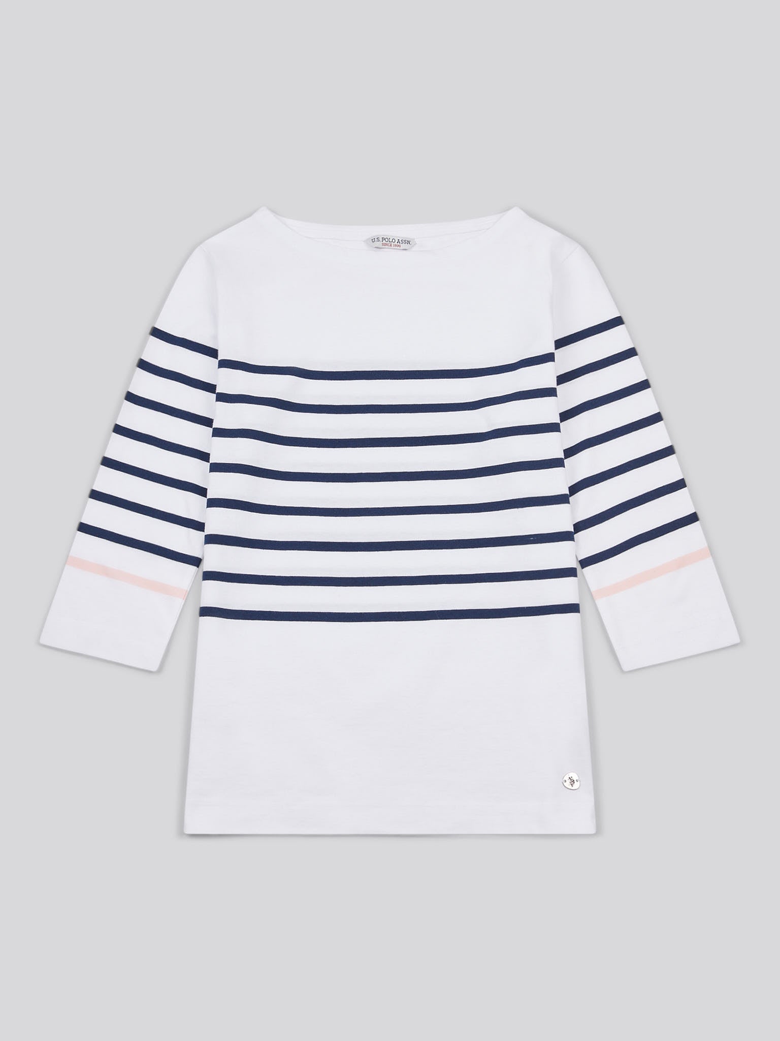 Womens Stripe 3/4 Sleeve Boat Neck T-Shirt in Navy Iris