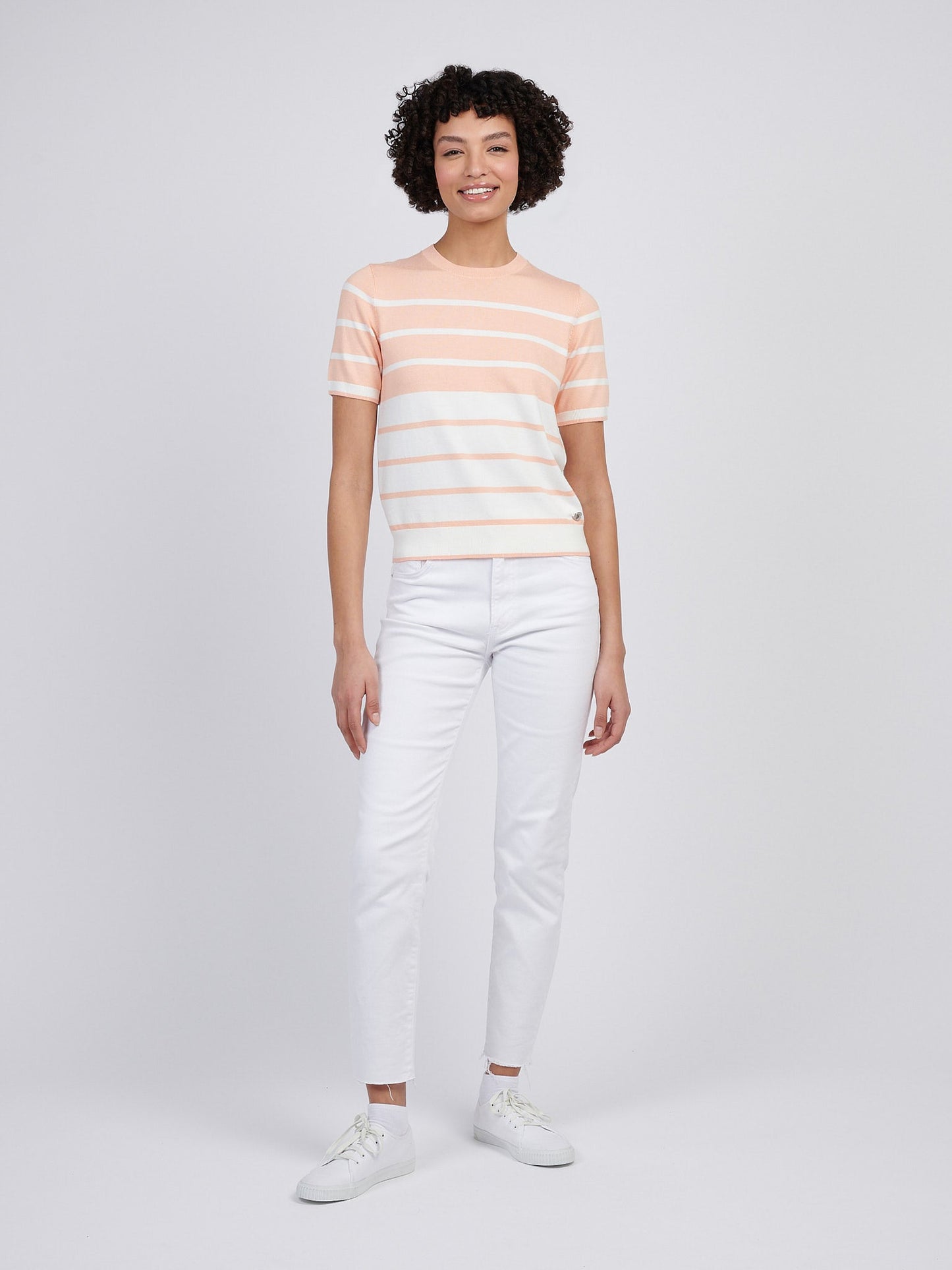 Womens Colour Block Stripe Short Sleeve Jumper in Peach Nectar