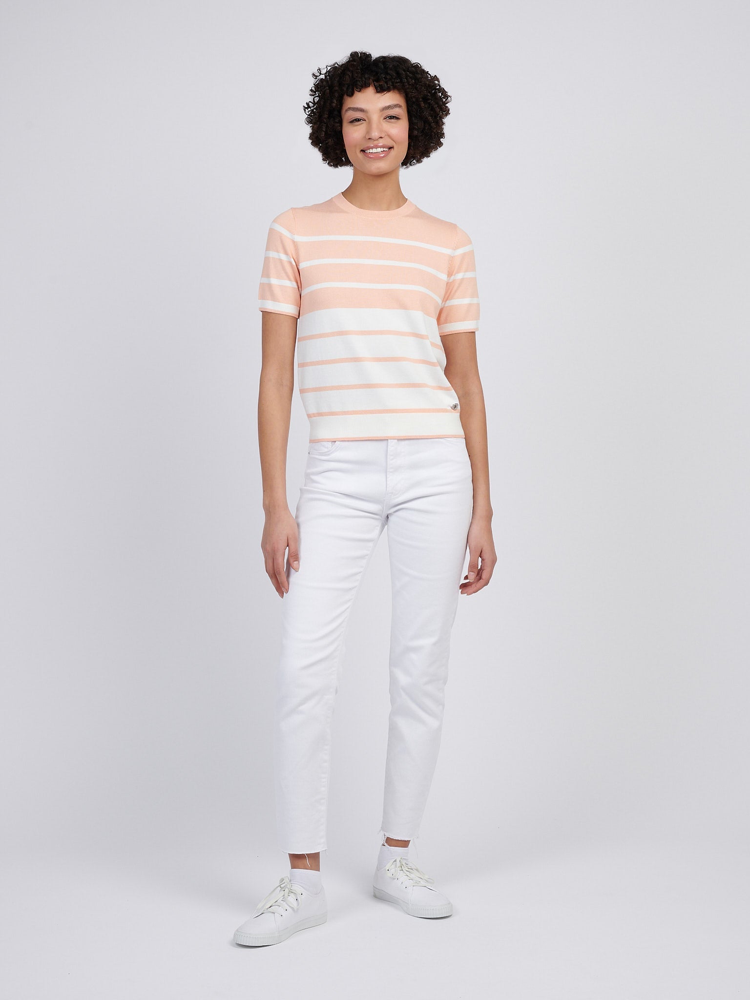 Womens Colour Block Stripe Short Sleeve Jumper in Peach Nectar