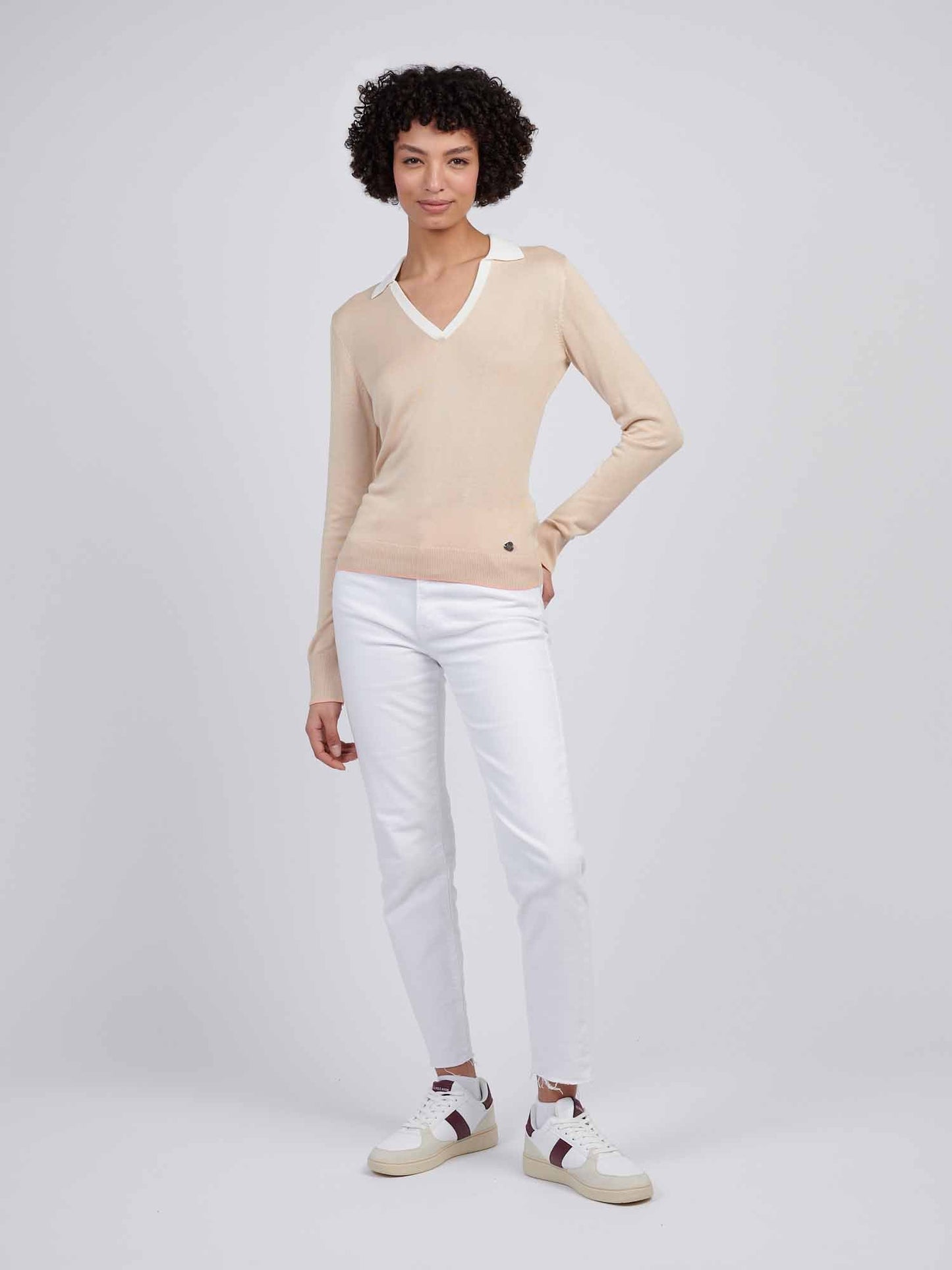 Womens Open Neck Long Sleeve Knit Polo in Smoke Gray
