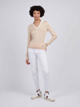Womens Open Neck Long Sleeve Knit Polo in Smoke Gray