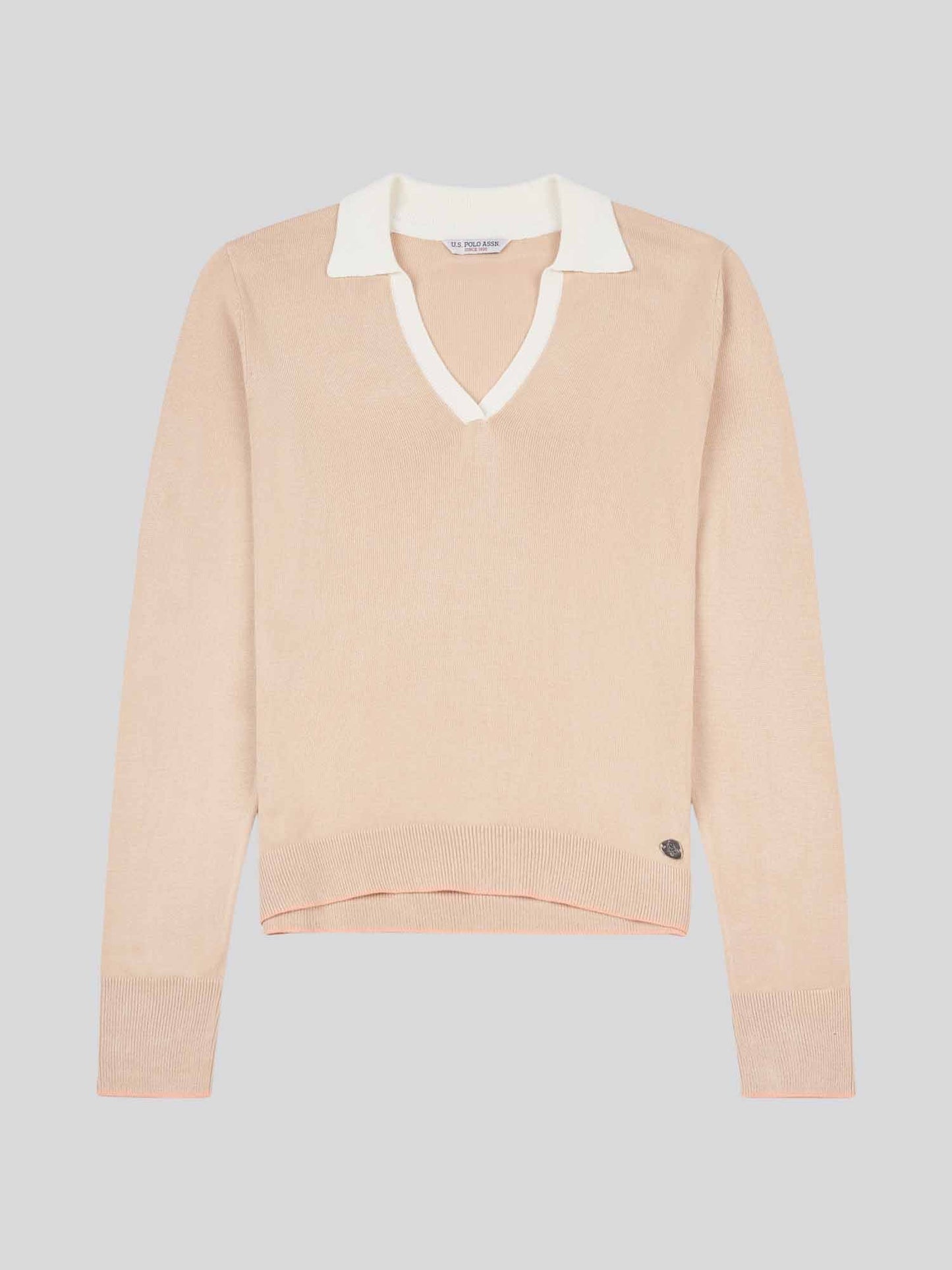 Womens Open Neck Long Sleeve Knit Polo in Smoke Gray