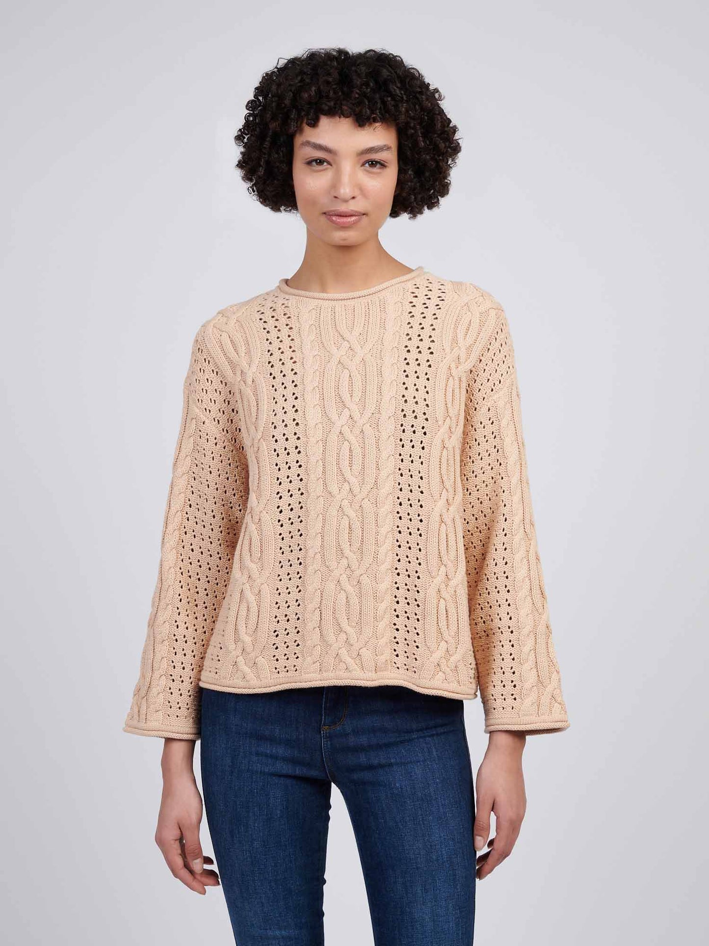 Womens Chunky Cable Open Knit Jumper in Smoke Gray