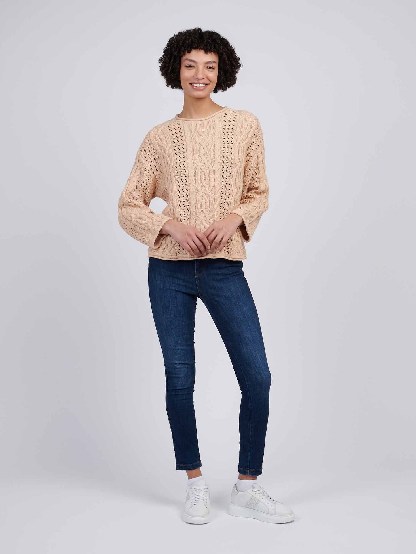 Womens Chunky Cable Open Knit Jumper in Smoke Gray