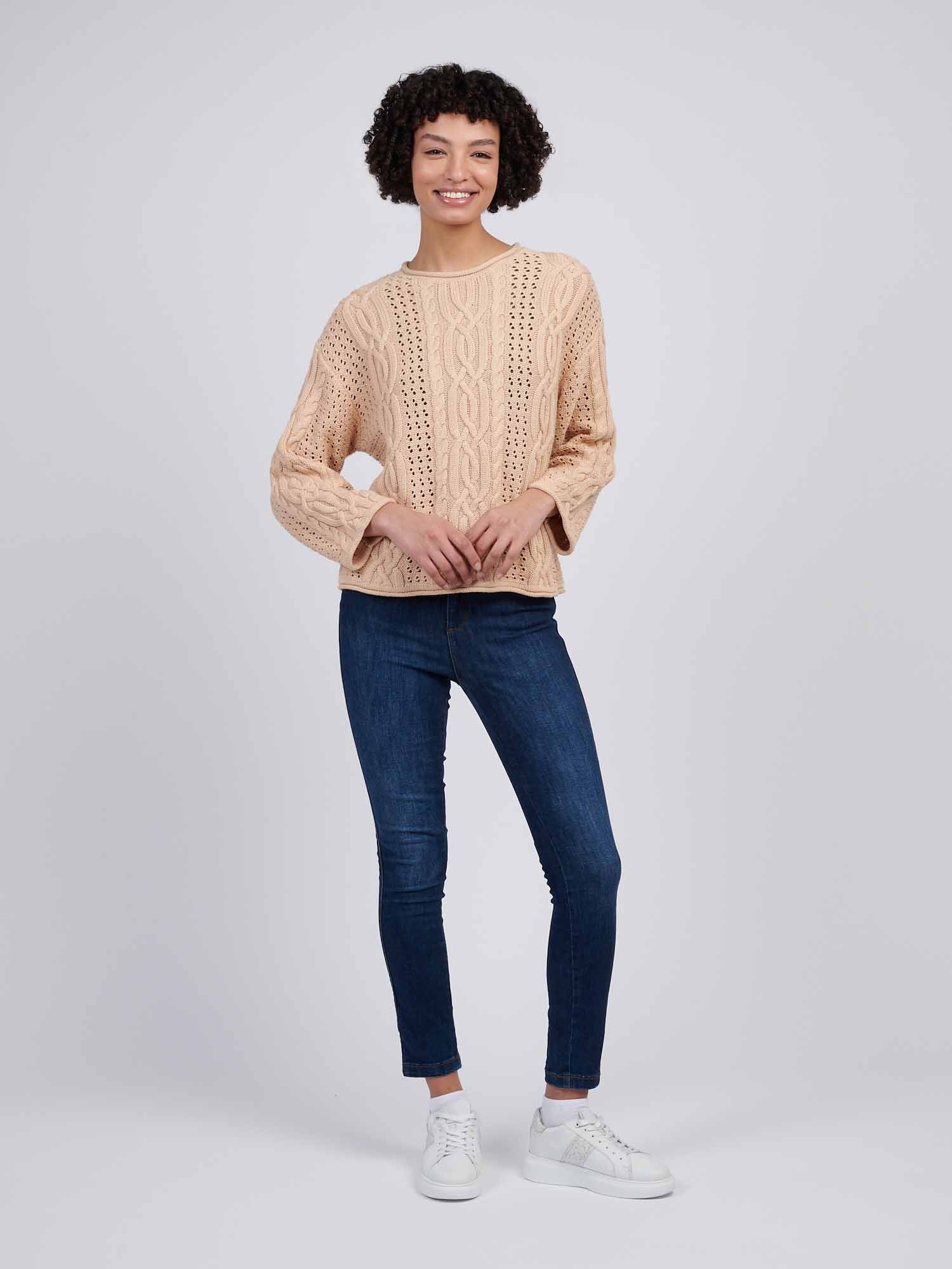 Womens Chunky Cable Open Knit Jumper in Smoke Gray