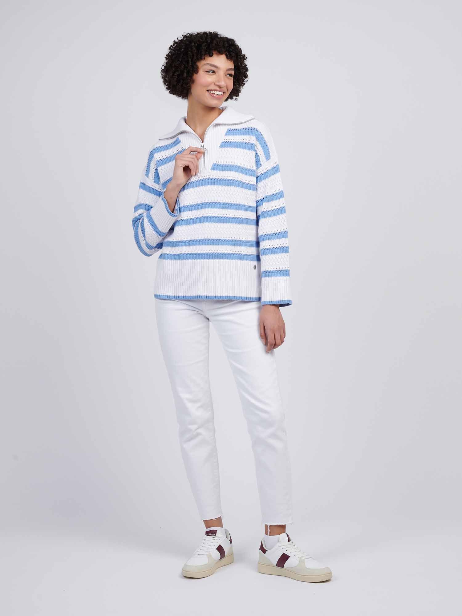 Womens Pointelle Stripe 1/4 Zip Jumper in Vista Blue