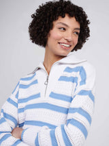 Womens Pointelle Stripe 1/4 Zip Jumper in Vista Blue