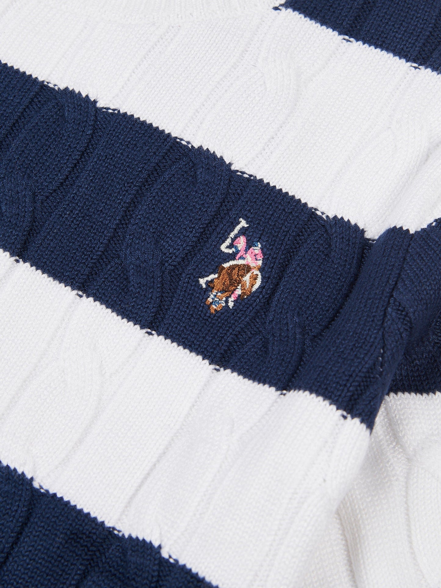 Womens Stripe Loose Cable Knit Short Sleeve Jumper in Navy Iris