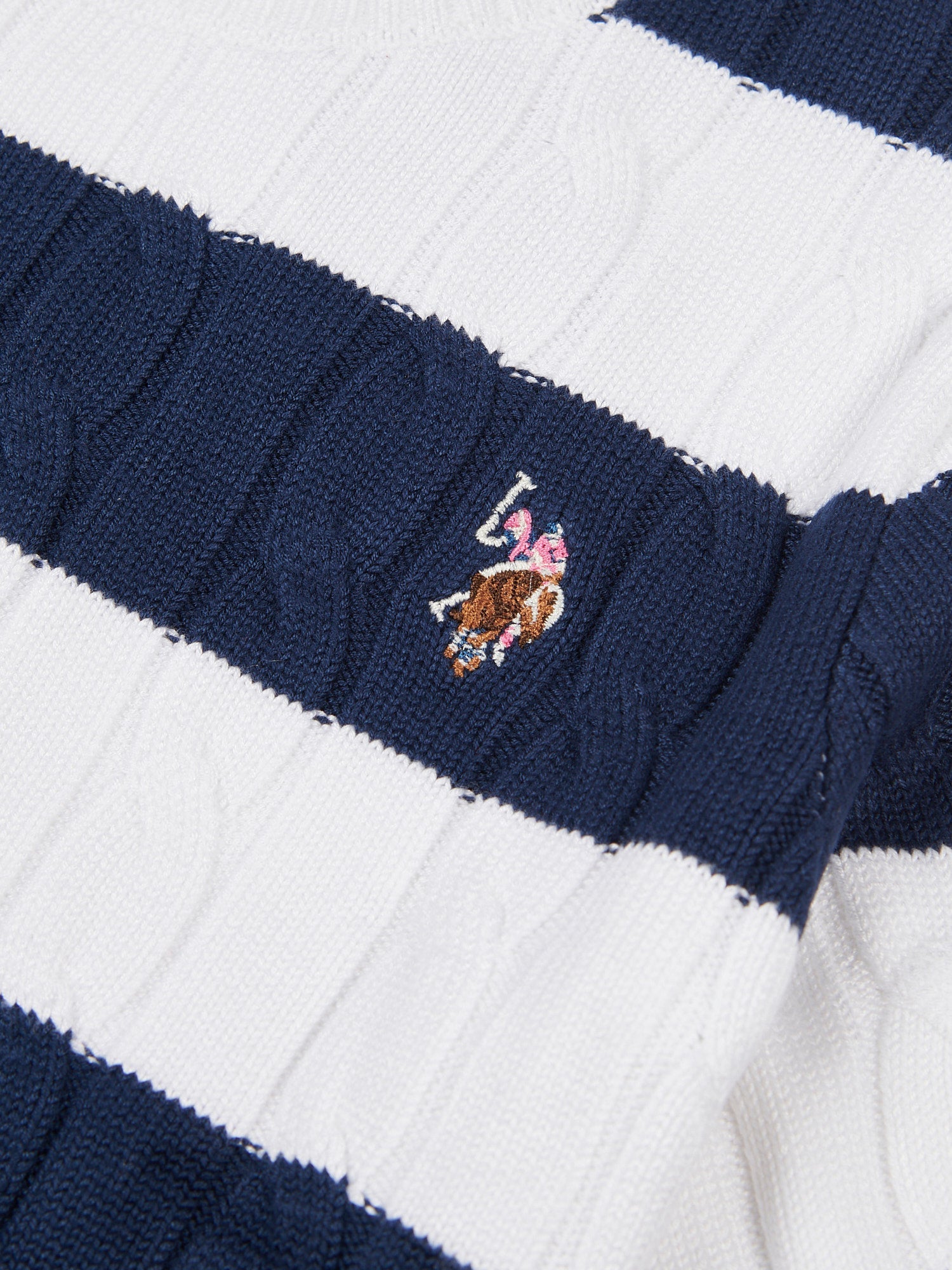 Womens Stripe Loose Cable Knit Short Sleeve Jumper in Navy Iris