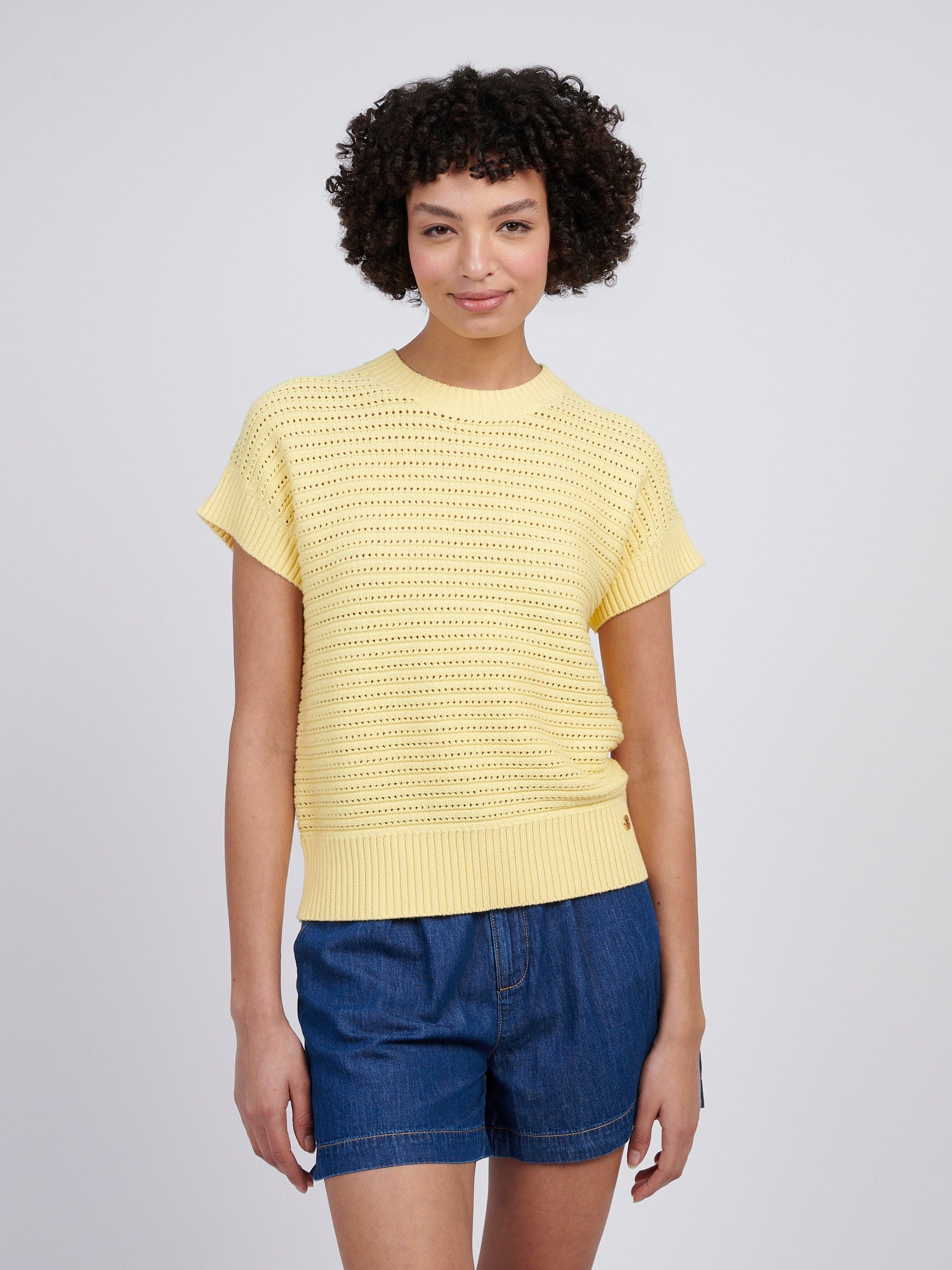 Womens Open Knit Short Sleeve Jumper in Mellow Yellow