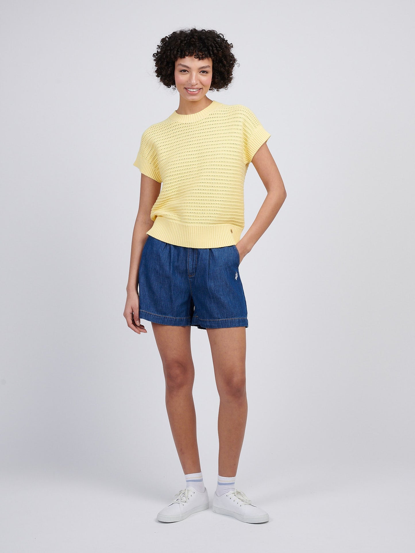 Womens Open Knit Short Sleeve Jumper in Mellow Yellow