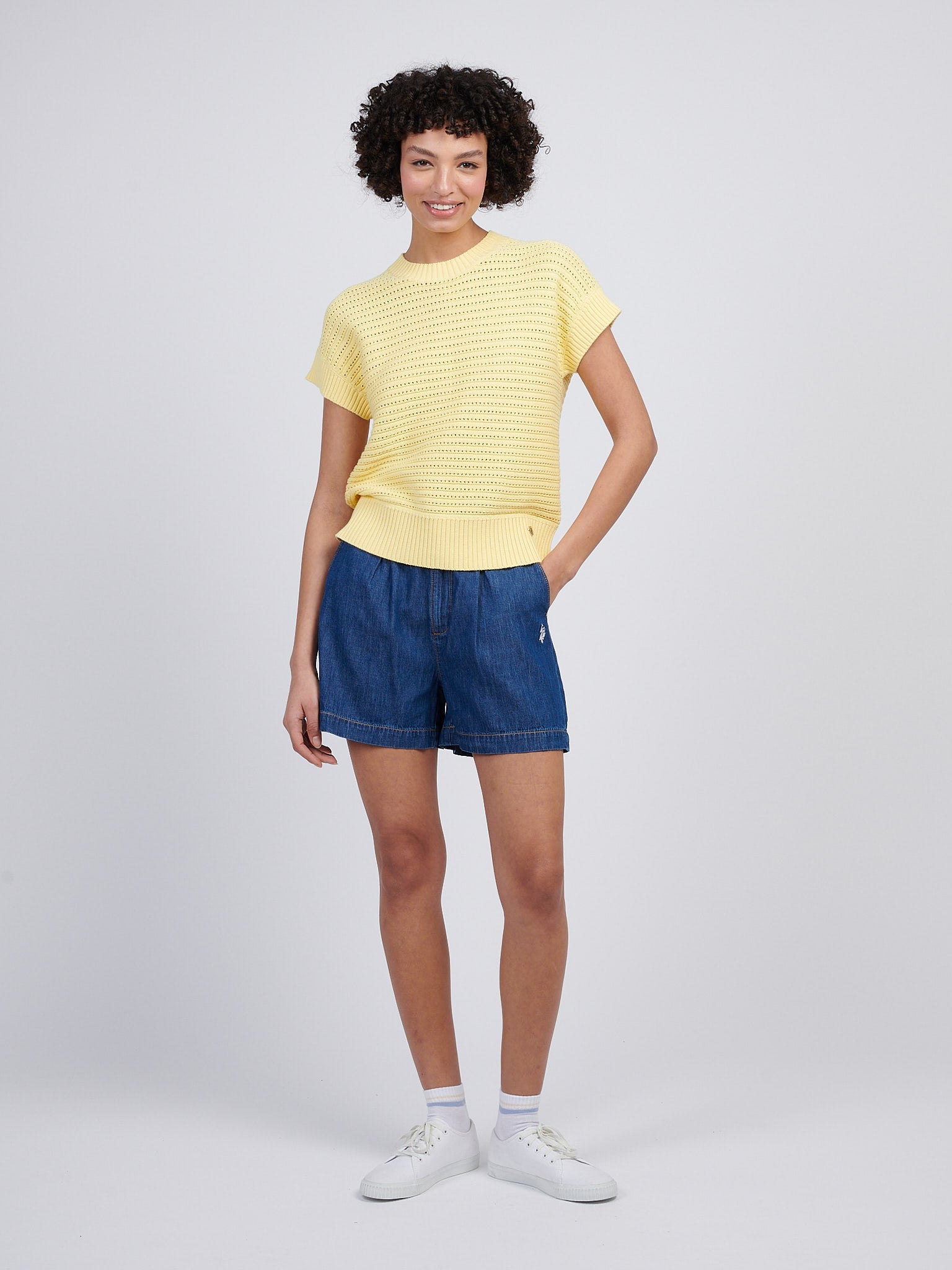 Womens Open Knit Short Sleeve Jumper in Mellow Yellow