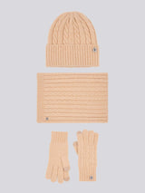 Womens Signature Cable Knit Beanie, Gloves & Scarf Set in Cuban Sand