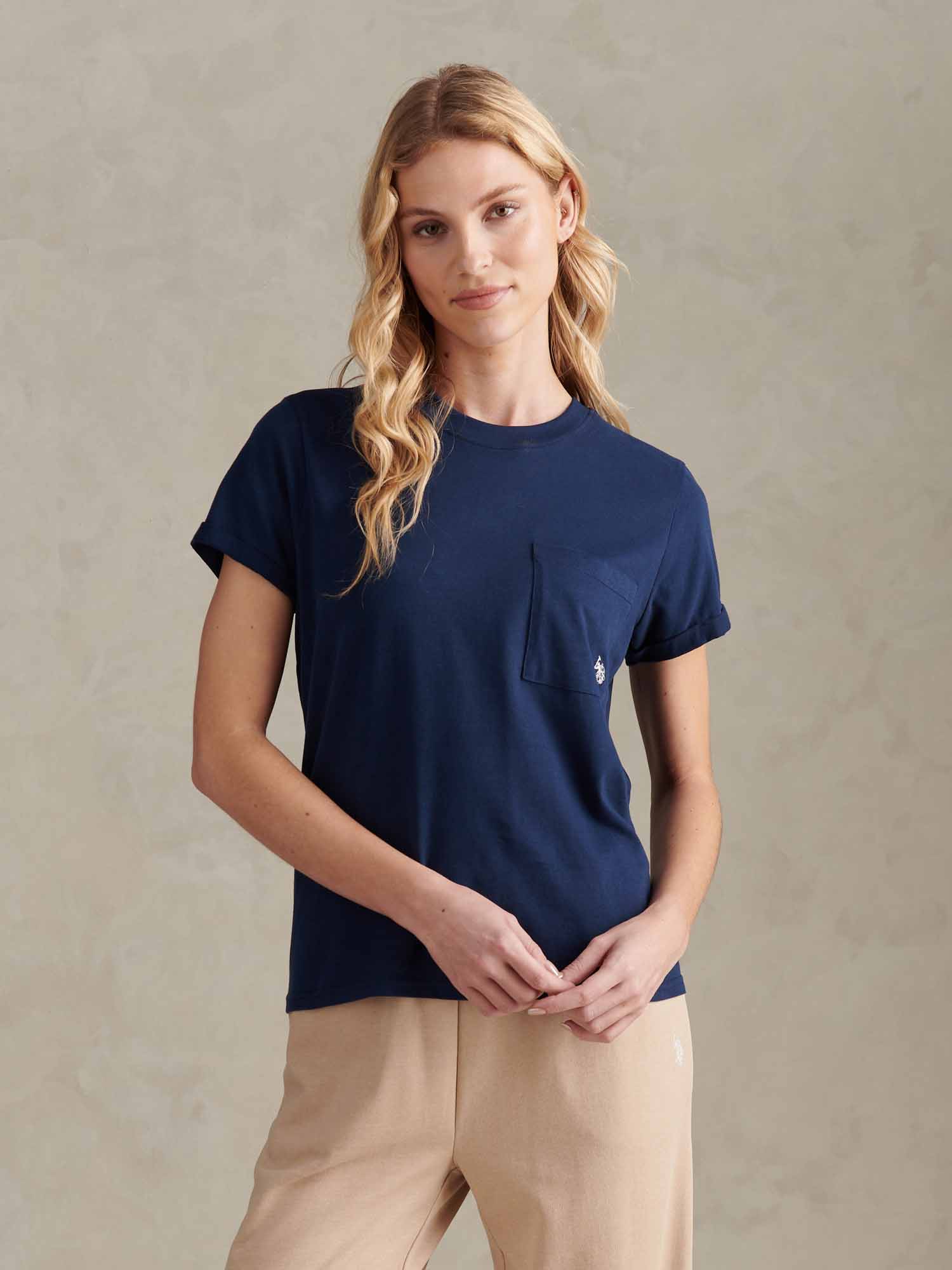Womens Crew Neck Pocket T-Shirt in Navy Iris