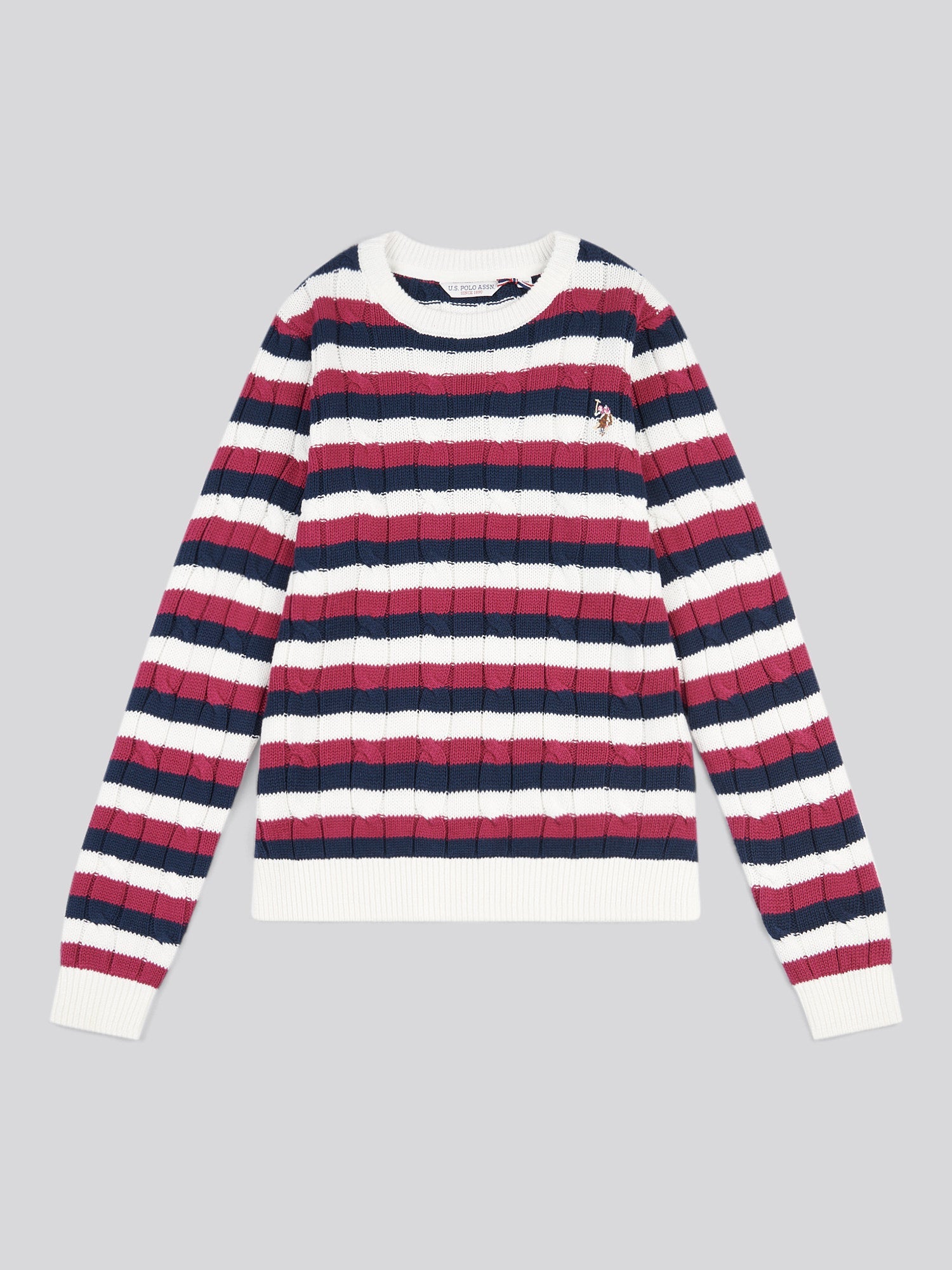 Womens Stripe Crew Neck Cable Jumper in Beaujolais