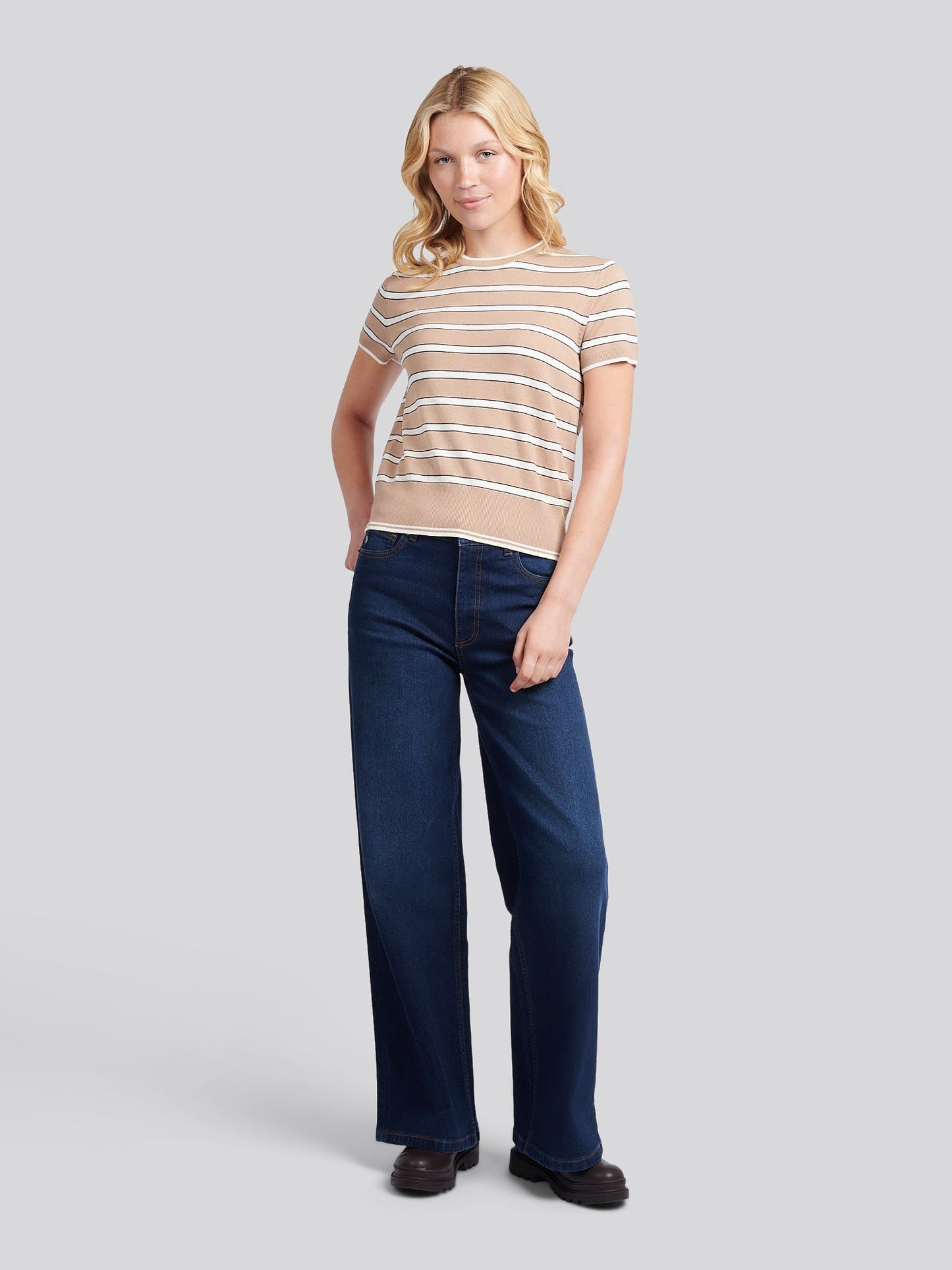 Womens Stripe Short Sleeve Jumper in Natural
