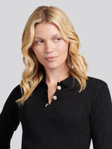 Womens Lurex® Rib Polo Knit in Black