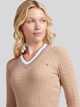 Womens Fine Cable Contrast V-Neck Jumper in Natural