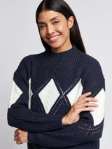 Womens Cable Argyle Mock Neck Jumper in Navy Iris