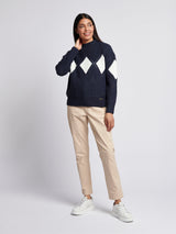 Womens Cable Argyle Mock Neck Jumper in Navy Iris