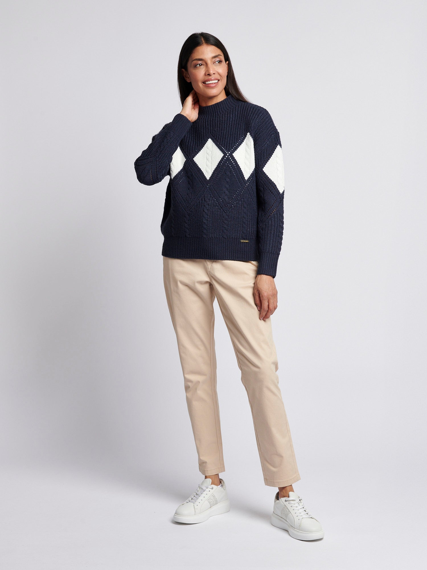 Womens Cable Argyle Mock Neck Jumper in Navy Iris
