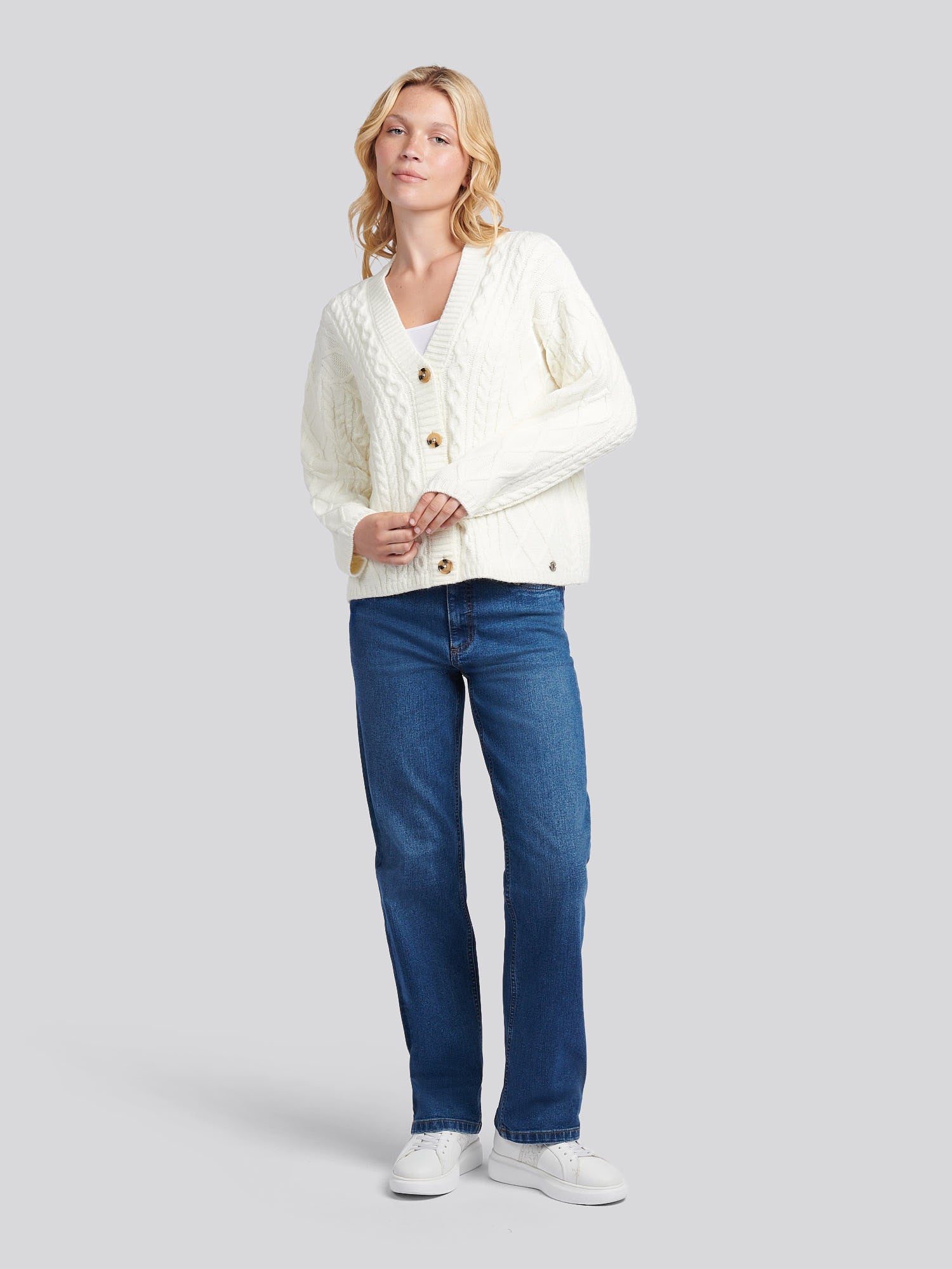 Womens Aran Cable Cardigan Marshmallow