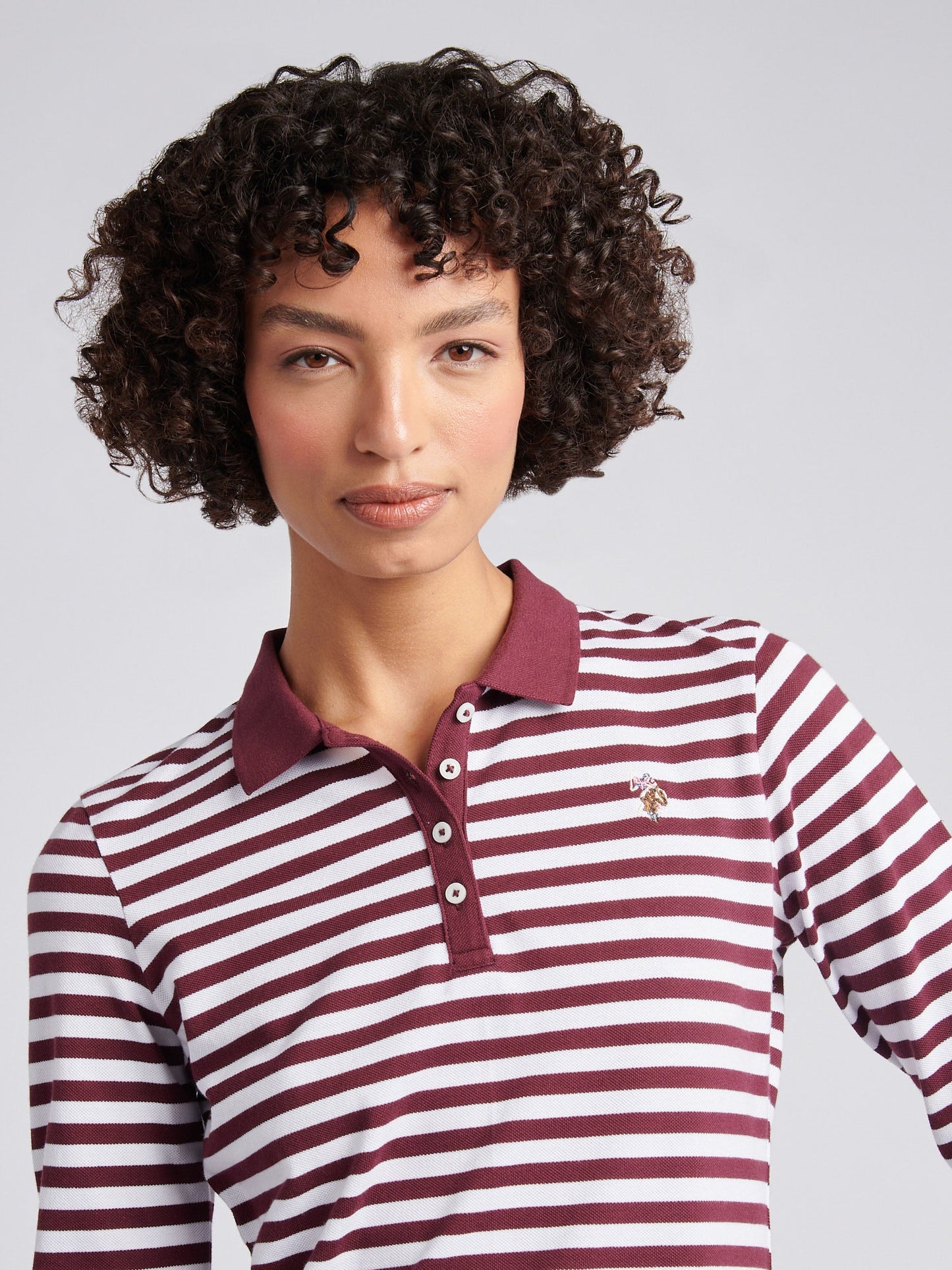 Womens Long Sleeve Stripe Contrast Collar Polo Shirt in Fig