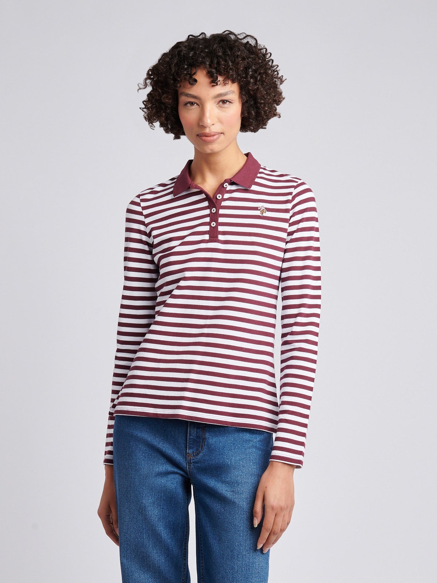 Womens Long Sleeve Stripe Contrast Collar Polo Shirt in Fig