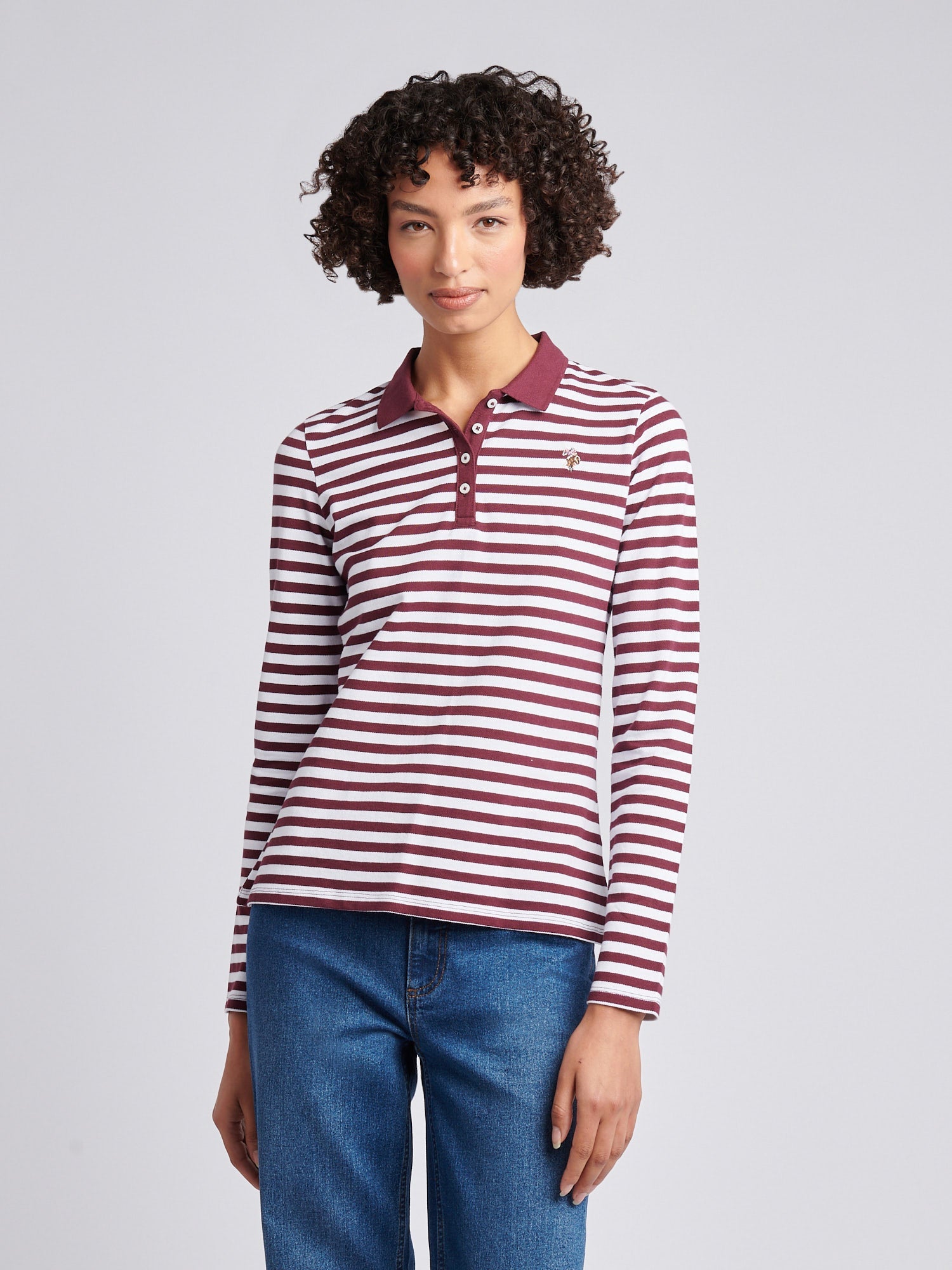 Womens Long Sleeve Stripe Contrast Collar Polo Shirt in Fig