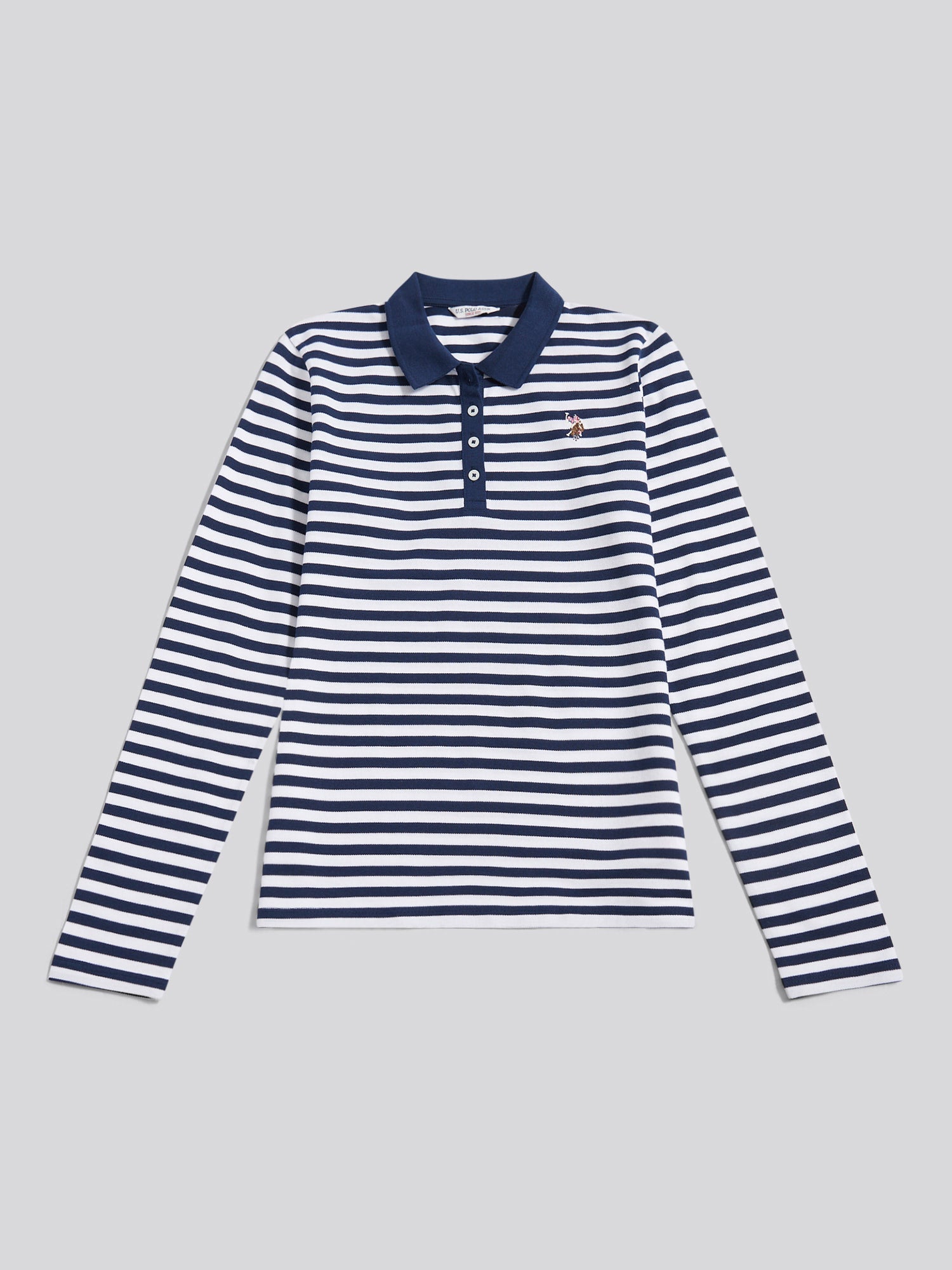 Womens Long Sleeve Stripe Contrast Collar Polo Shirt in Navy Iris