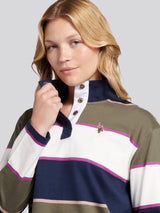 Womens Large Stripe Funnel Neck Rugby Shirt in Kalamata Green
