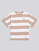 Womens Large Stripe Grown On Sleeve T-Shirt in Natural