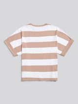 Womens Large Stripe Grown On Sleeve T-Shirt in Natural