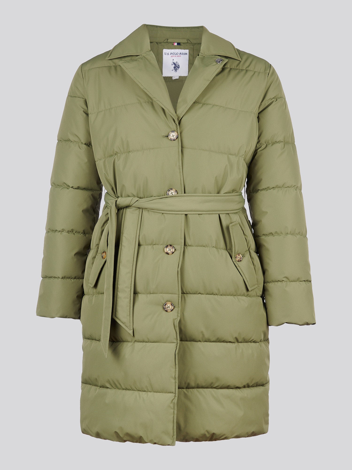 Womens Puffer Trench Coat in Kalamata Green