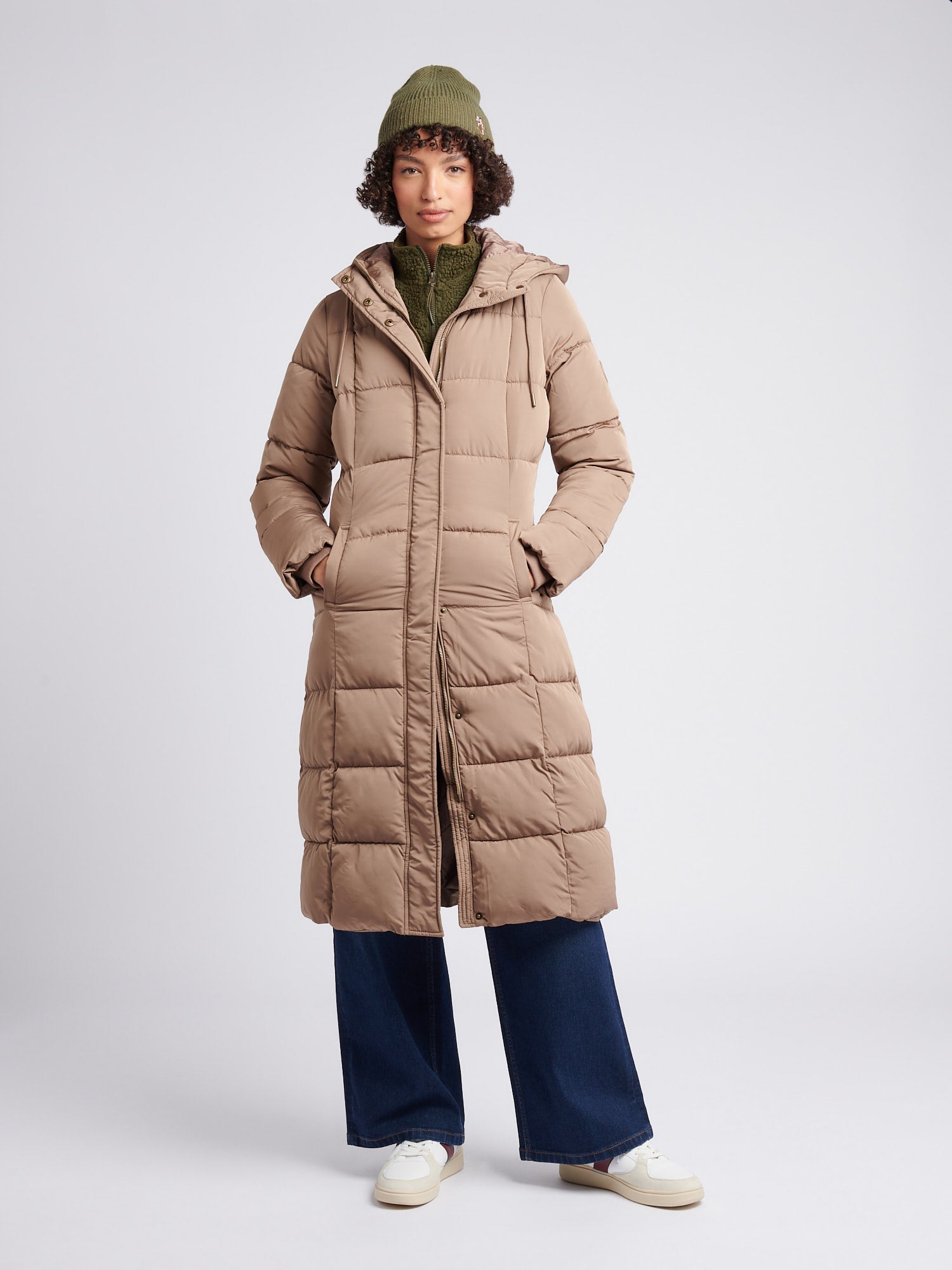 Womens Longline Square Quilt Puffer Coat in Leafless Tree