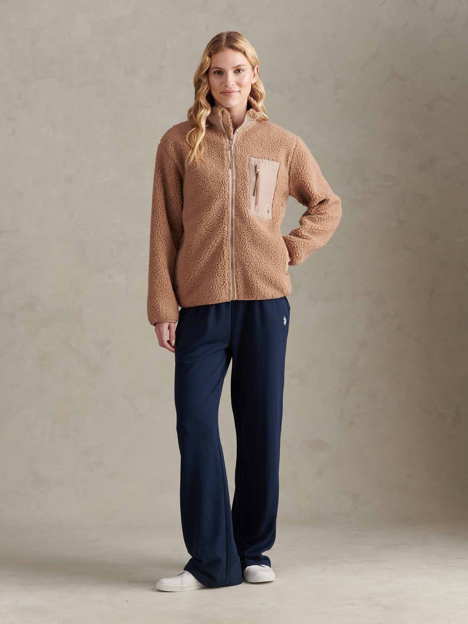 Womens Double Horsemen Borg Zip Funnel in Natural