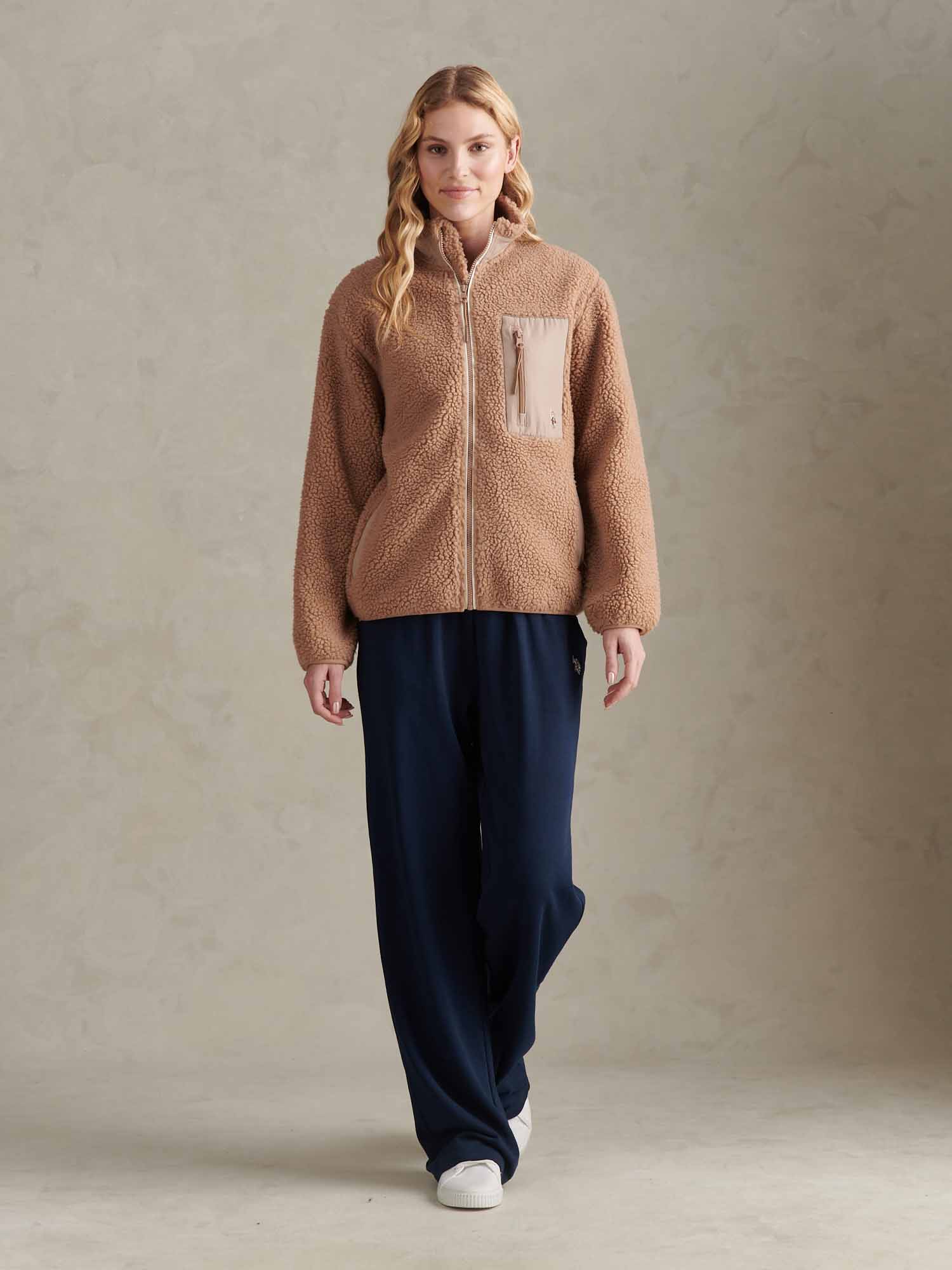 Womens Double Horsemen Borg Zip Funnel in Natural