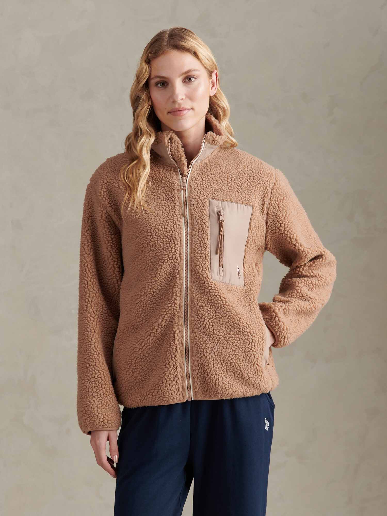 Womens Double Horsemen Borg Zip Funnel in Natural