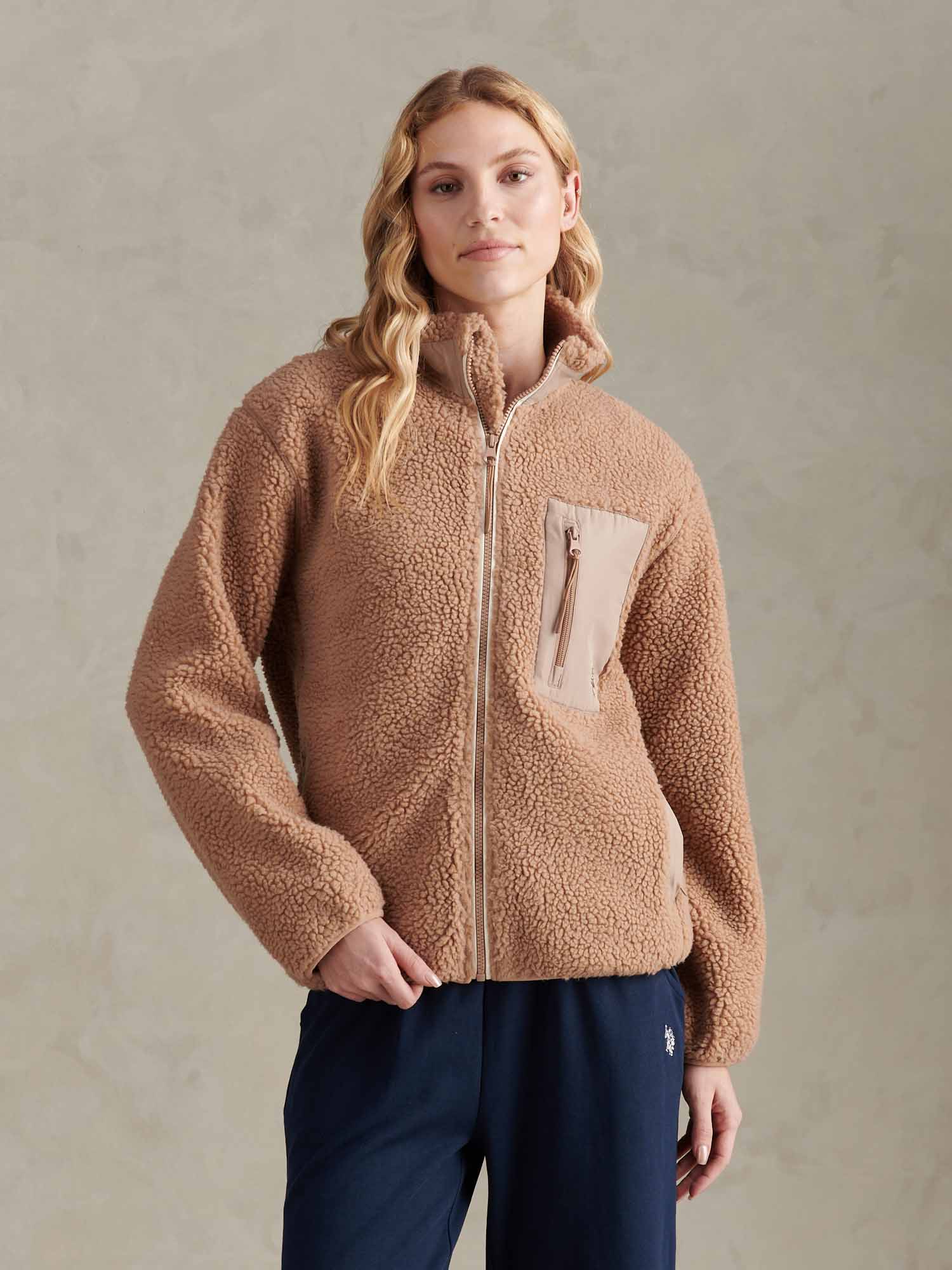 Womens Double Horsemen Borg Zip Funnel in Natural